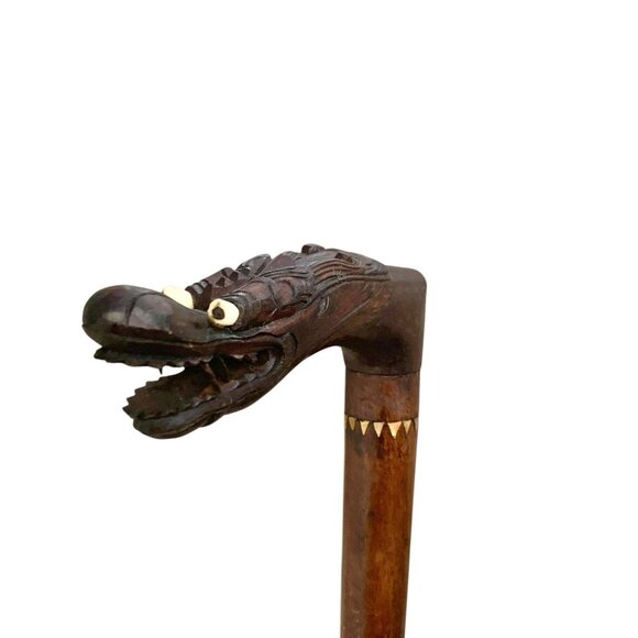 Cane Dragon Design Carved Wood Walking Stick Vintage Oriental Gift